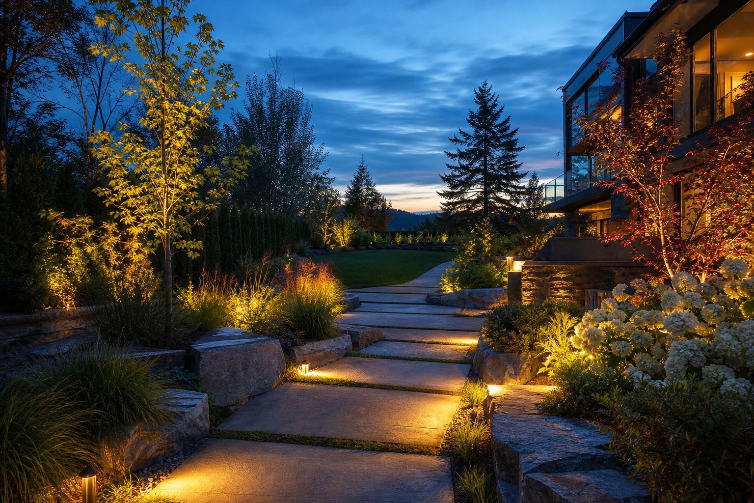 Diseño de jardín con iluminación